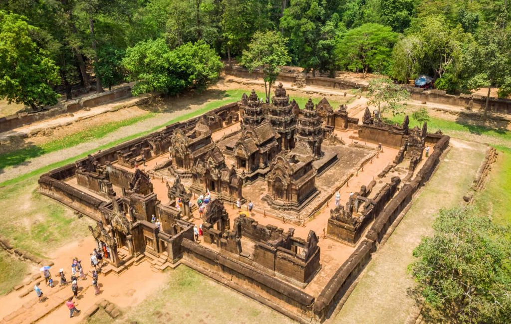 Aerial view of tourists visiting Banteay Srei Temple of Shiva, Banteay Srei, Siem Reap Aerial view of tourists visiting Banteay Srei Temple of Shiva, Banteay Srei, Siem Reap